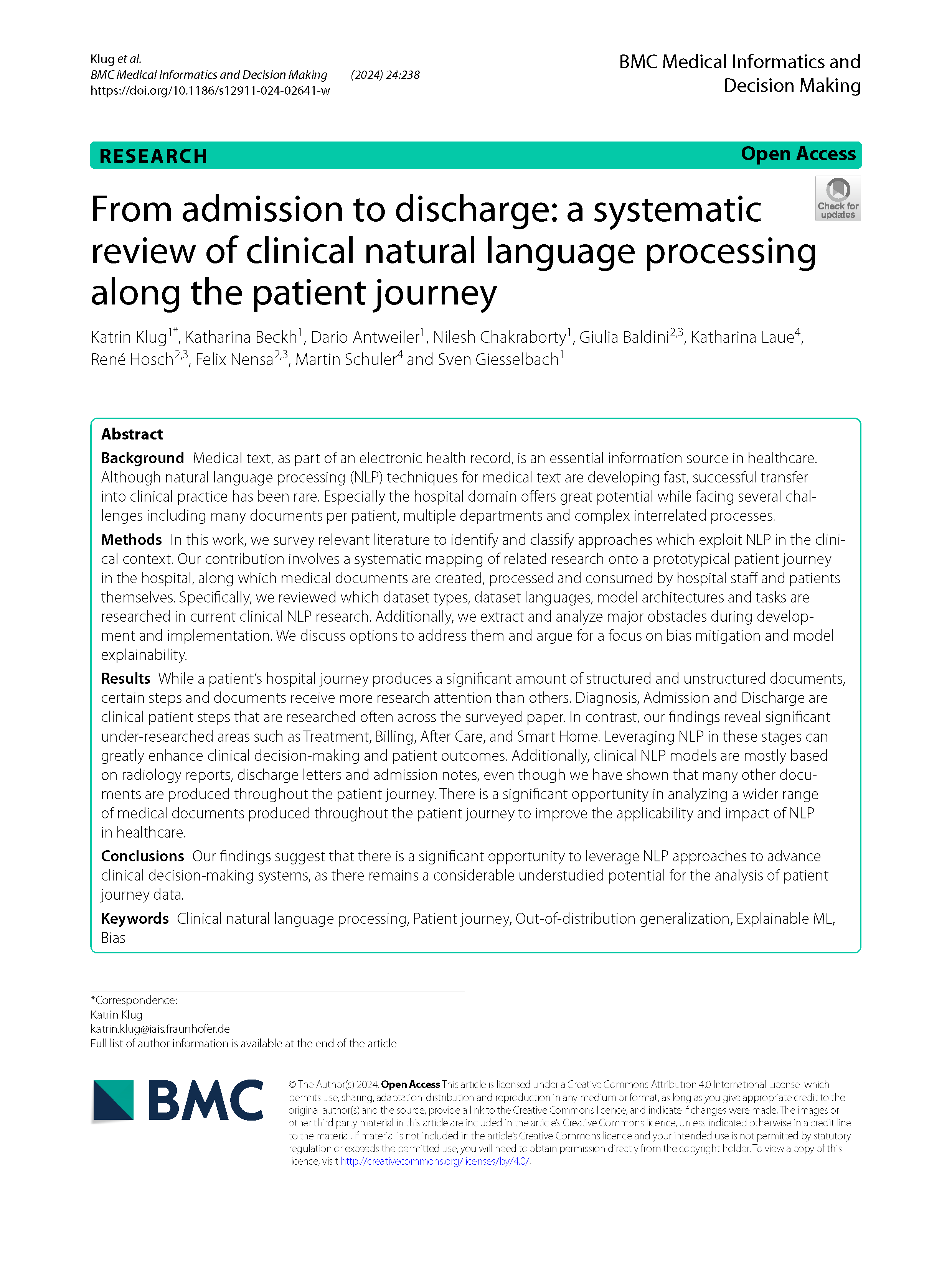 Cover der Publikation "Clinical Natural Language Processing in the Hospital Domain: Survey on Approaches along the Patient Journey"